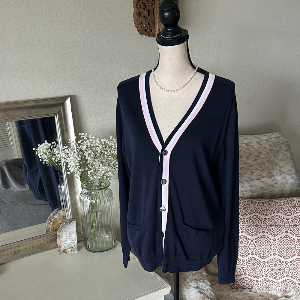 Brooks Brothers women navy collegiate striped V-neck long cardigan sweater L​